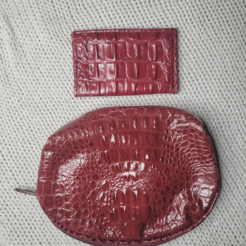 Genuine Leather Burgundy Croc Embossed Coin Pouch and Card Holder Set